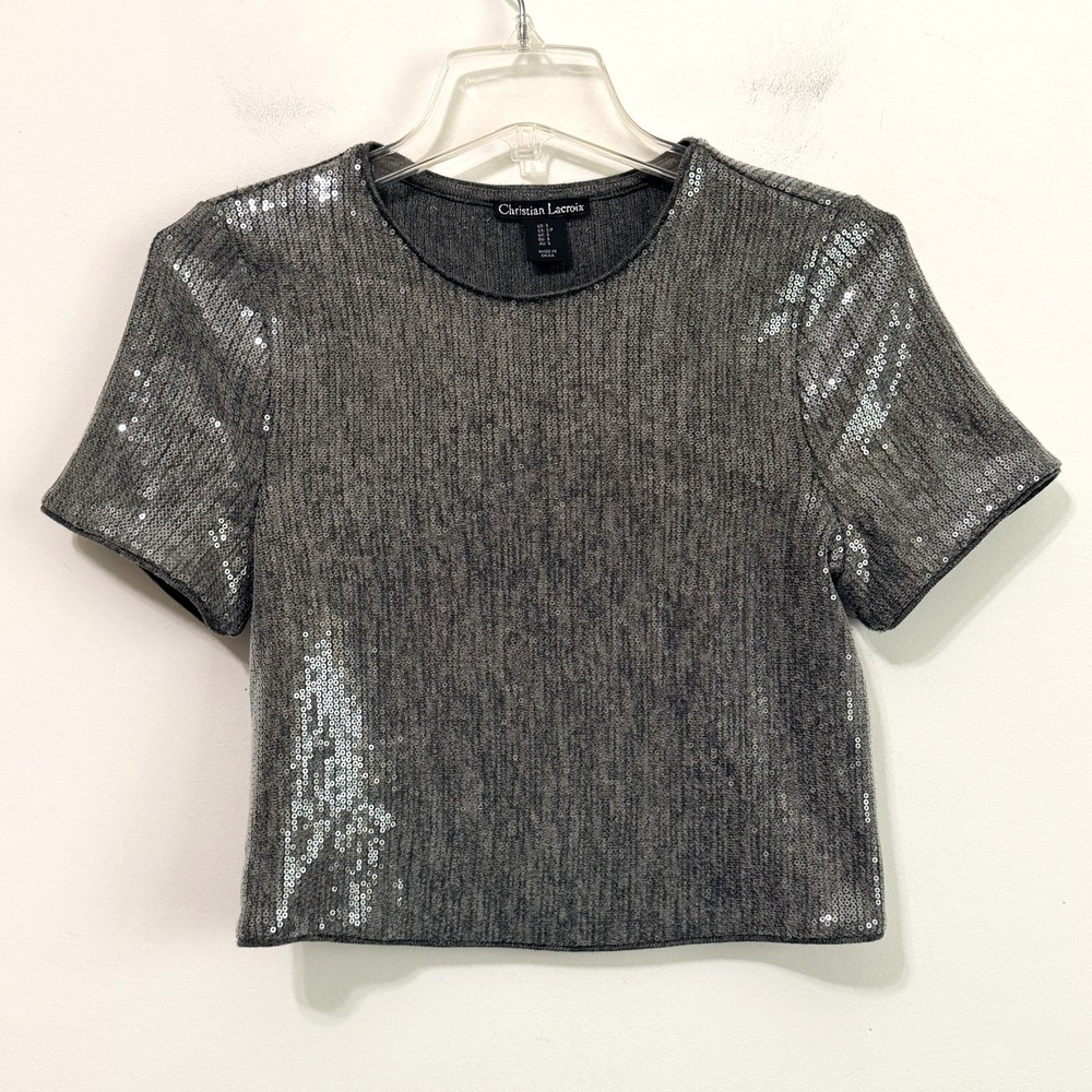 Christian Lacroix Sequin Tee Crop Shirt Gray Silver S Party Short Sleeve‎ Club